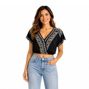 Free People Luca Blouse Women XS Black Embroidered Cross Over Cropped Boho Indie